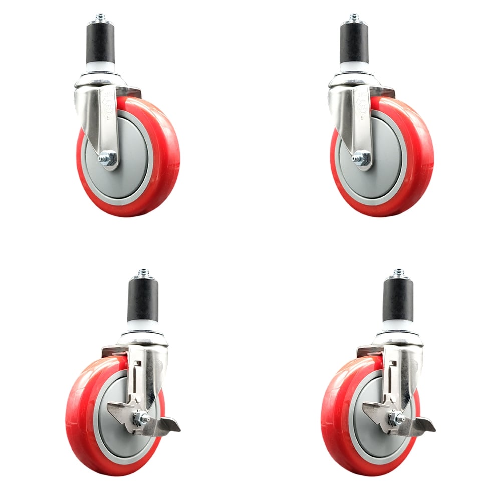 Polyurethane Swivel Stem Caster with 5 in. Red Caster Wheels, 1.63 in. Expanding Stems - 316 Stainless Steel Casters - Set of 4
