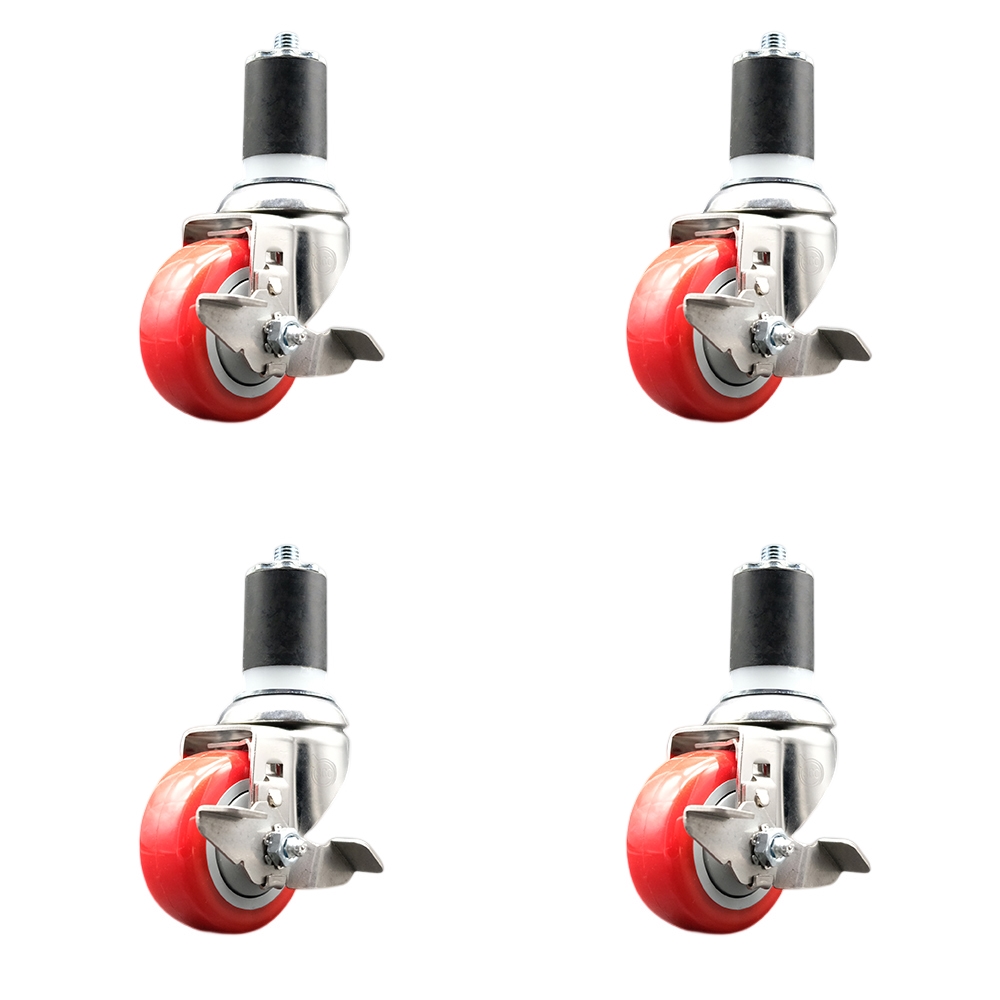 Polyurethane Swivel Stem Caster with 3 in. Red Caster Wheels, 1.75 in. Expanding Stems - 316 Stainless Steel Casters - Set of 4