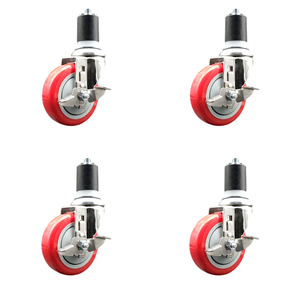 Polyurethane Swivel Stem Caster with 4 in. Red Caster Wheels, 1.75 in. Expanding Stems - 316 Stainless Steel Casters - Set of 4