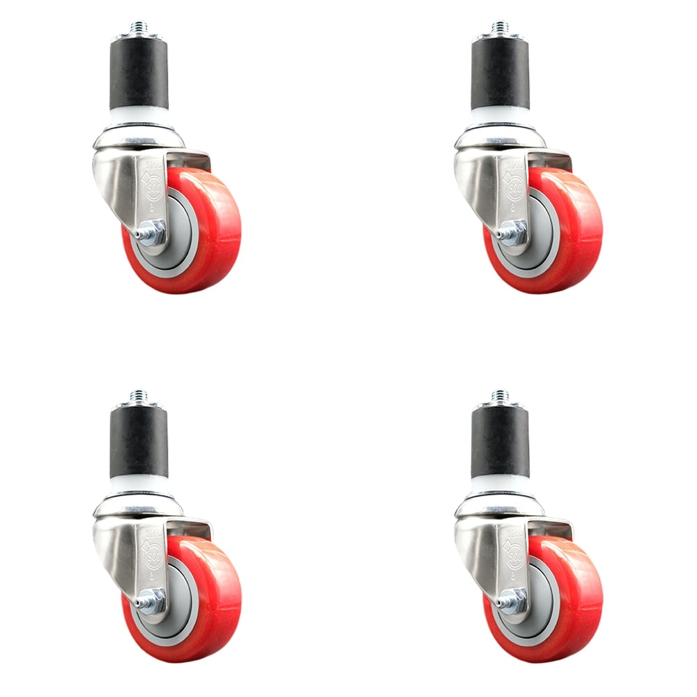 Polyurethane Swivel Stem Caster with 3.5 in. Red Caster Wheels, 1.87 in. Expanding Stems - 316 Stainless Steel Casters - Set of 4