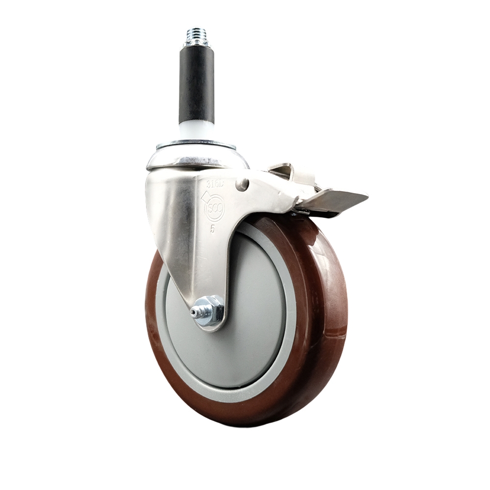 Polyurethane Swivel Stem Caster with 5 in. Maroon Caster Wheels & Total Lock Brake, 0.75 in. Expanding Stem - 316 Stainless Steel Caster