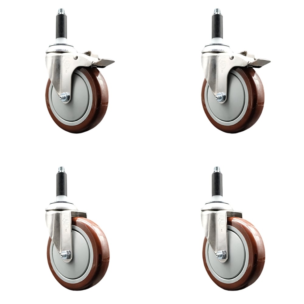 Polyurethane Swivel Stem Caster with 5 in. Maroon Caster Wheels, 0.75 in. Expanding Stem - 316 Stainless Steel Casters - Set of 4