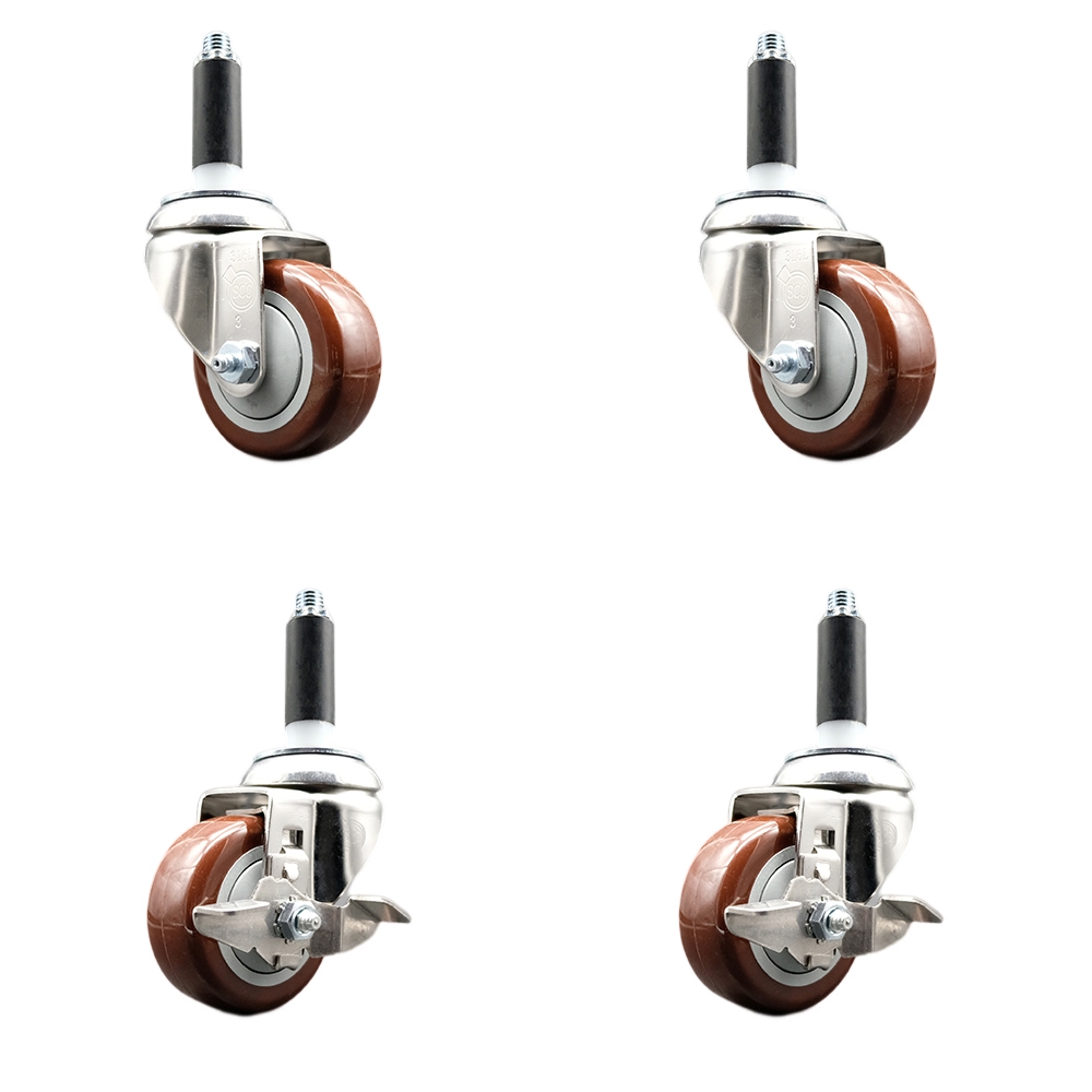 Polyurethane Swivel Stem Caster with 3.5 in. Maroon Caster Wheels, 0.87 in. Expanding Stems - 316 Stainless Steel Casters - Set of 4