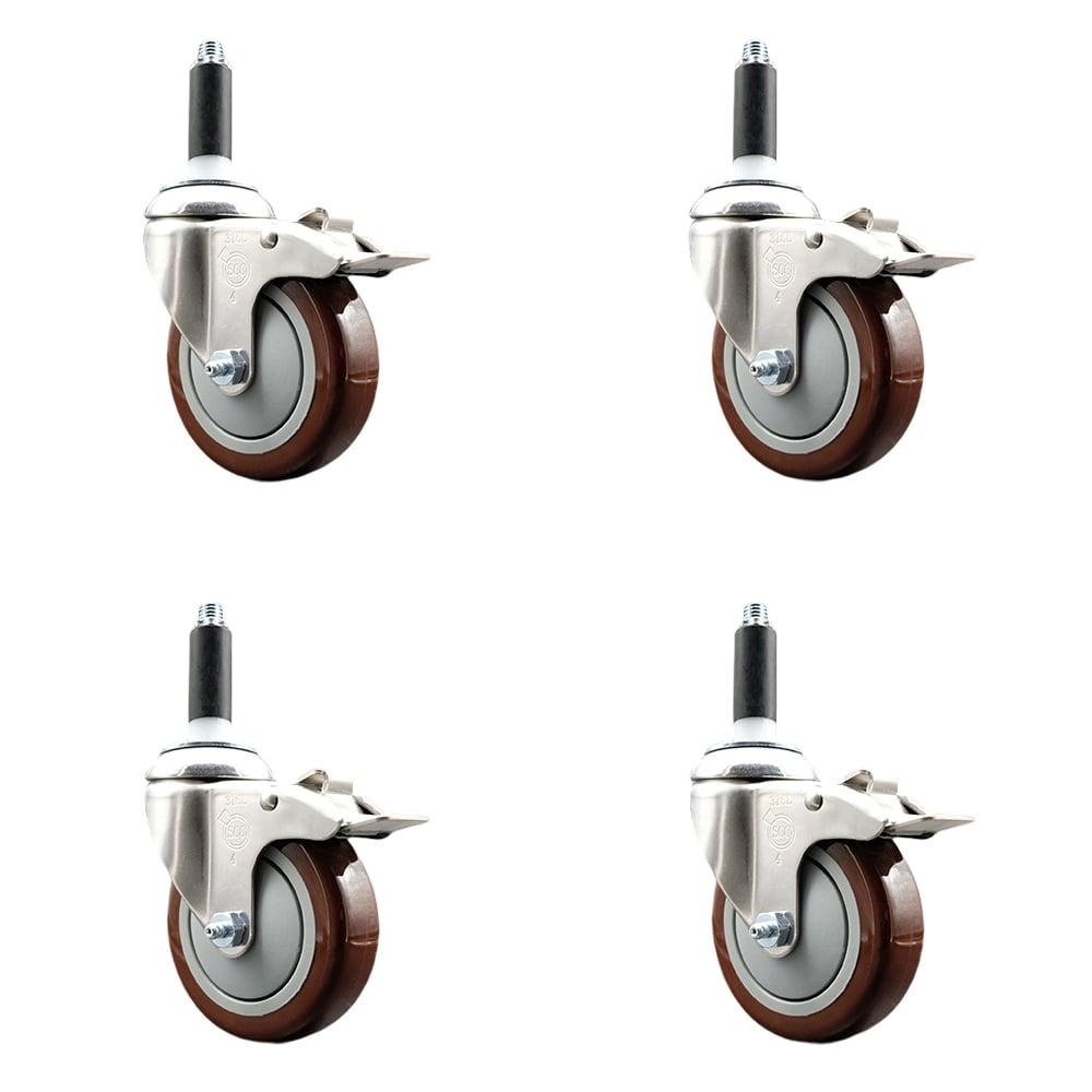 Polyurethane Swivel Stem Caster with 4 in. Maroon Caster Wheels, 0.87 in. Expanding Stems - 316 Stainless Steel Casters - Set of 4
