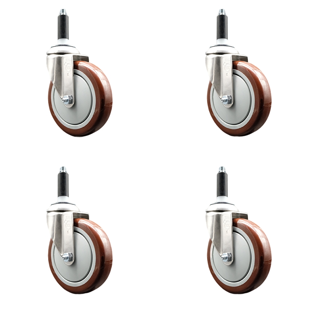 Polyurethane Swivel Stem Caster with 5 in. Maroon Caster Wheels, 0.87 in. Expanding Stems - 316 Stainless Steel Casters - Set of 4