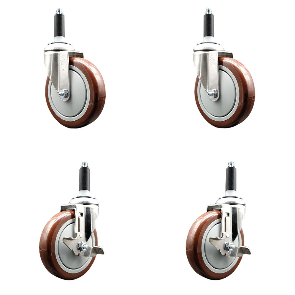 Polyurethane Swivel Stem Caster with 5 in. Maroon Caster Wheels, 0.87 in. Expanding Stems - 316 Stainless Steel Casters - Set of 4