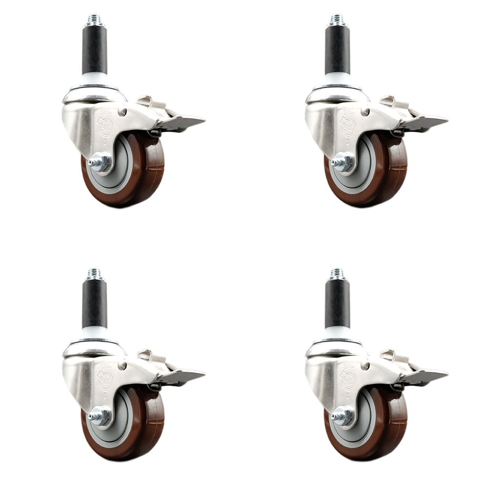 Polyurethane Swivel Stem Caster with 3 in. Maroon Caster Wheels, 1 in. Expanding Stems - 316 Stainless Steel Casters - Set of 4