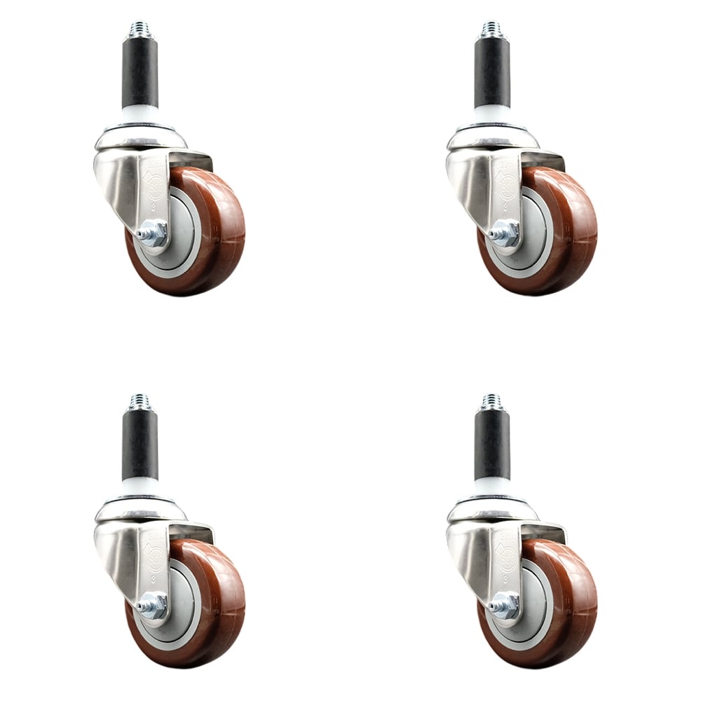 Polyurethane Swivel Stem Caster with 3.5 in. Maroon Caster Wheels, 1 in. Expanding Stems - 316 Stainless Steel Casters - Set of 4