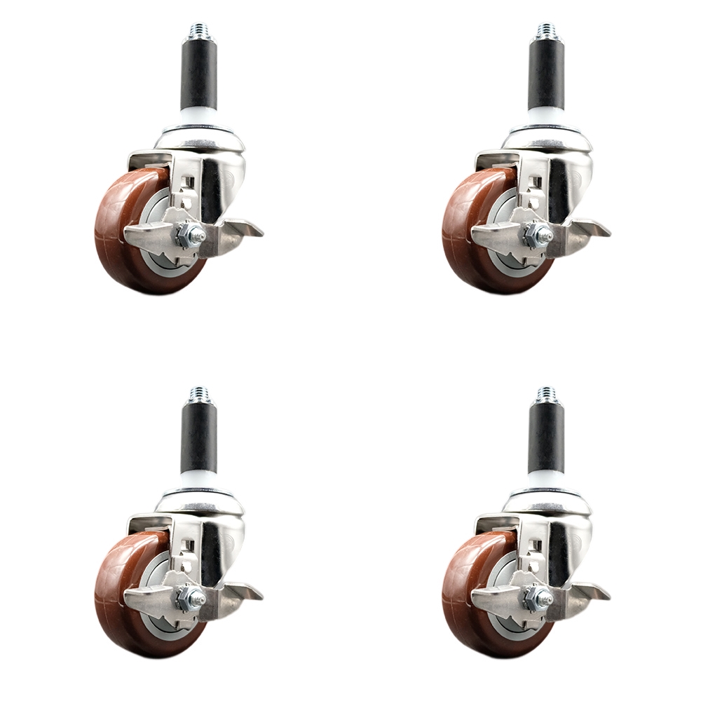 Polyurethane Swivel Stem Caster with 3.5 in. Maroon Caster Wheels, 1.13 in. Expanding Stems - 316 Stainless Steel Casters - Set of 4