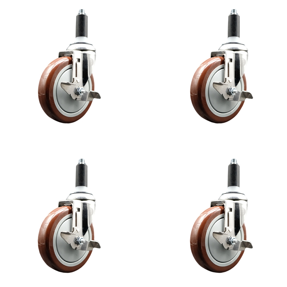 Polyurethane Swivel Stem Caster with 5 in. Maroon Caster Wheels, 1.13 in. Expanding Stems - 316 Stainless Steel Casters - Set of 4