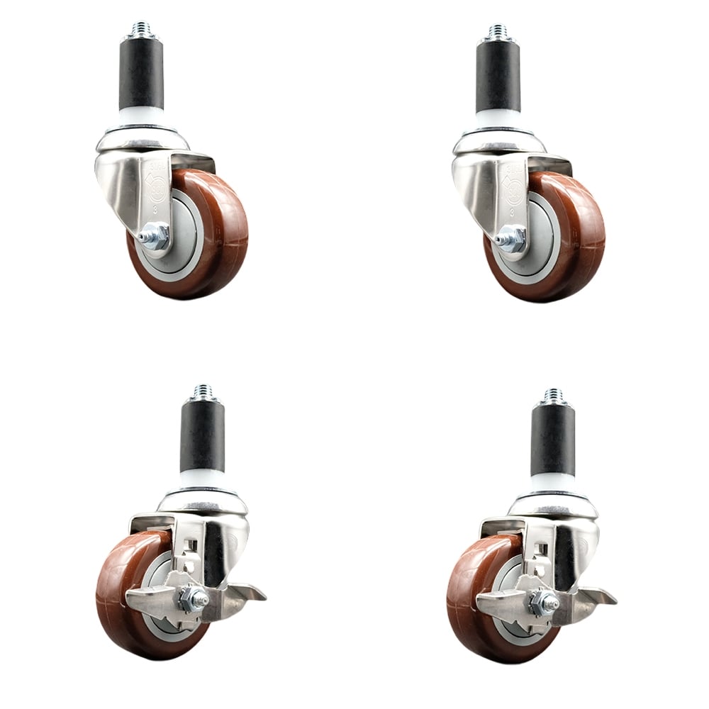Polyurethane Swivel Stem Caster with 3.5 in. Maroon Caster Wheels, 1.25 in. Expanding Stem - 316 Stainless Steel Casters - Set of 4