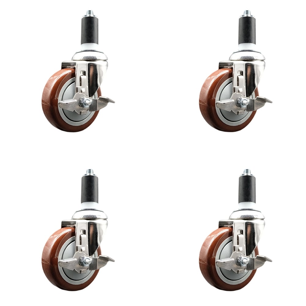 Polyurethane Swivel Stem Caster with 4 in. Maroon Caster Wheels, 1.25 in. Expanding Stems - 316 Stainless Steel Casters - Set of 4