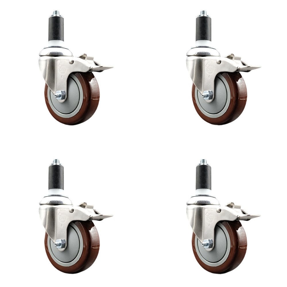 Polyurethane Swivel Stem Caster with 4 in. Maroon Caster Wheels, 1.25 in. Expanding Stems - 316 Stainless Steel Casters - Set of 4