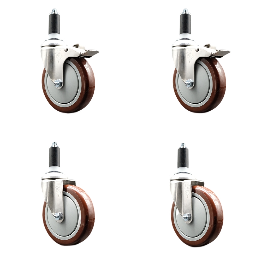 Polyurethane Swivel Stem Caster with 5 in. Maroon Caster Wheels, 1.25 in. Expanding Stem - 316 Stainless Steel Casters - Set of 4