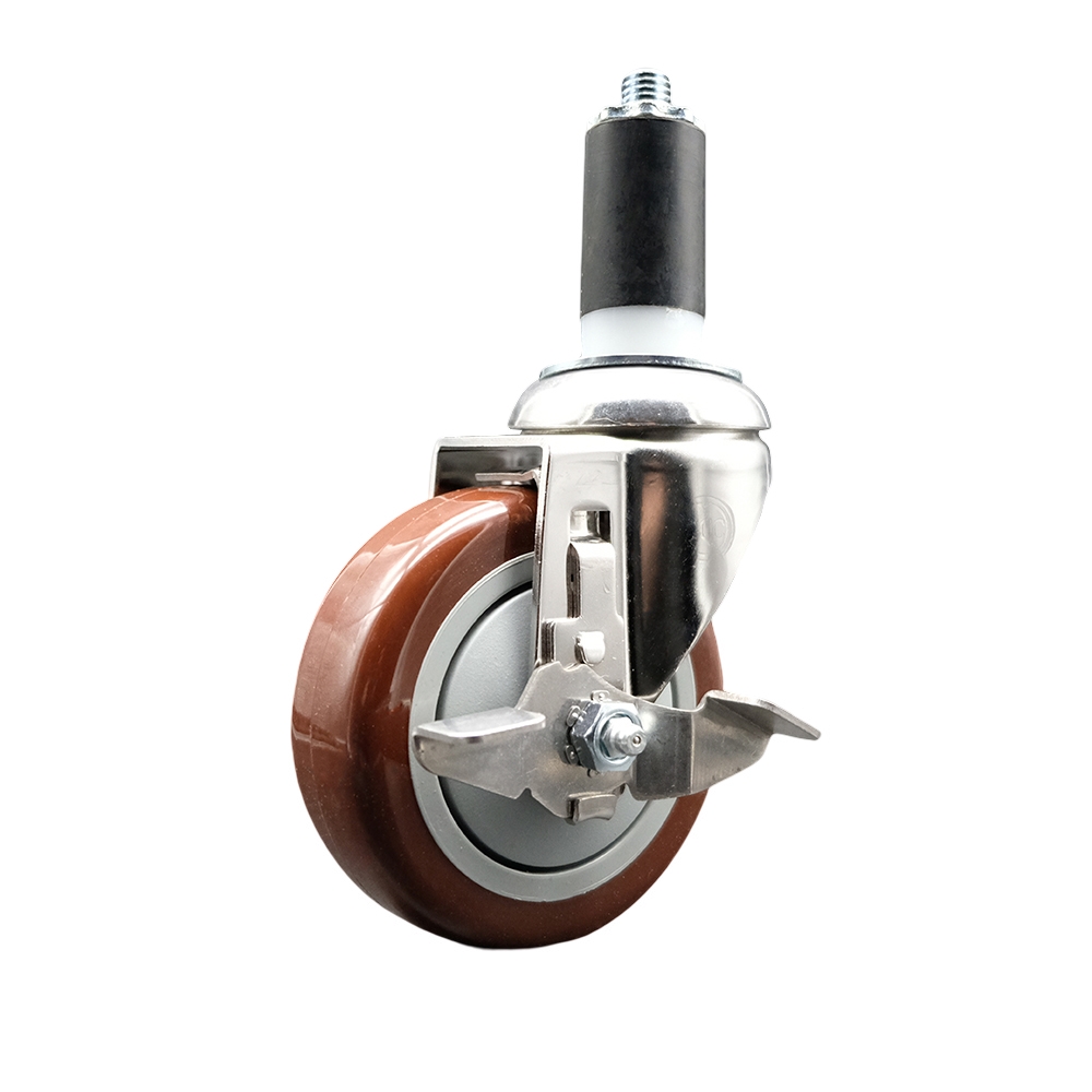 Polyurethane Swivel Stem Caster with 4 in. Maroon Caster Wheels & Top Lock Brake, 1.38 in. Expanding Stem - 316 Stainless Steel Caster