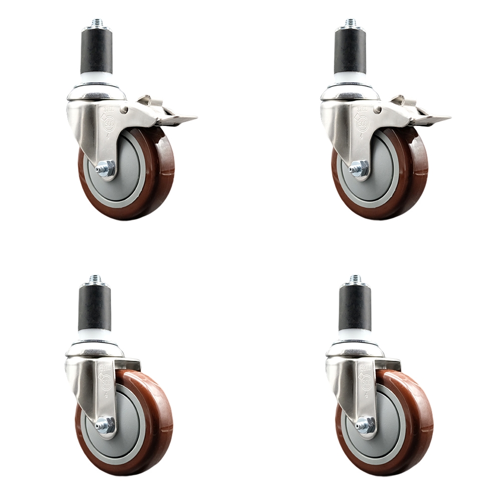 Polyurethane Swivel Stem Caster with 4 in. Maroon Caster Wheels, 1.5 in. Expanding Stem - 316 Stainless Steel Casters - Set of 4