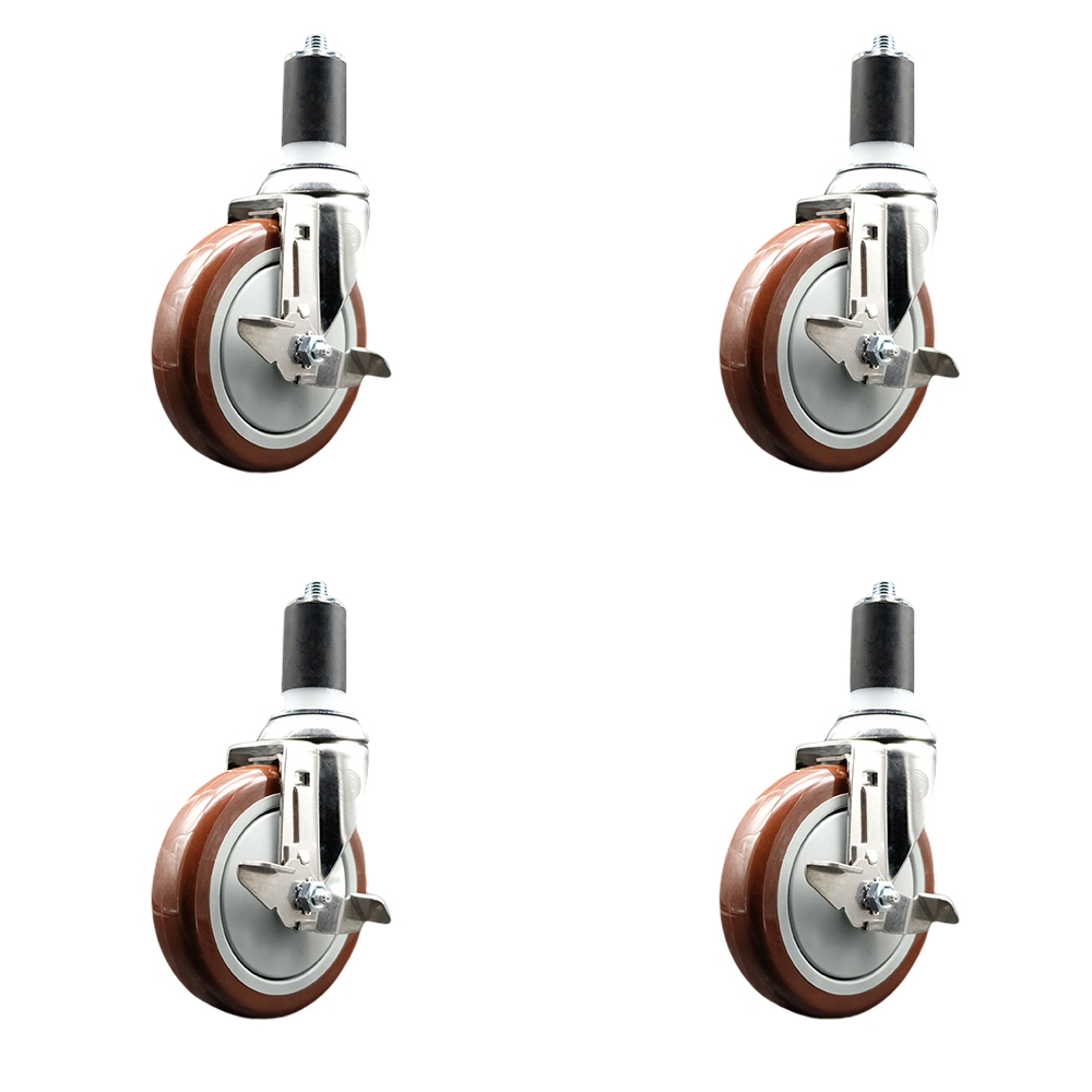 Polyurethane Swivel Stem Caster with 5 in. Maroon Caster Wheels, 1.5 in. Expanding Stems - 316 Stainless Steel Casters - Set of 4