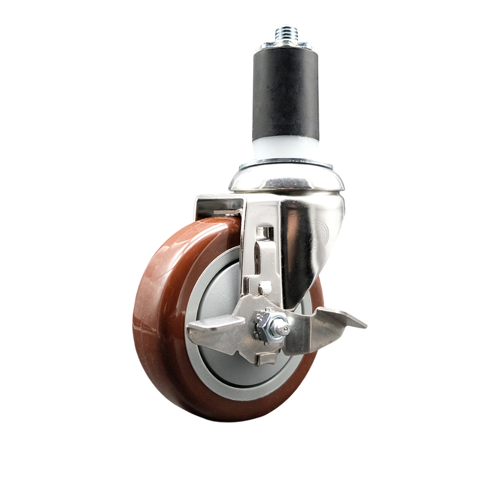 Polyurethane Swivel Stem Caster with 4 in. Maroon Caster Wheels & Top Lock Brake, 1.63 in. Expanding Stem - 316 Stainless Steel Caster