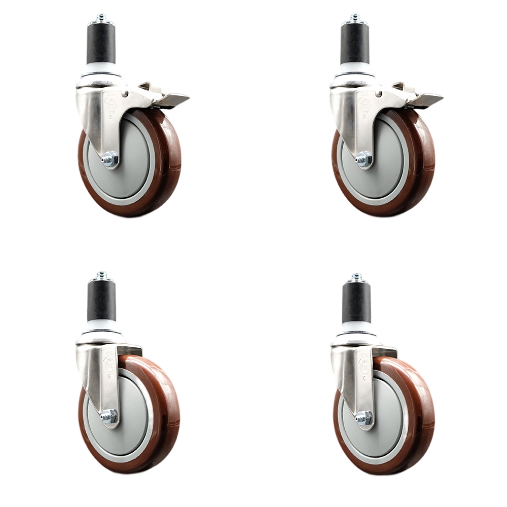 Polyurethane Swivel Stem Caster with 5 in. Maroon Caster Wheels, 1.63 in. Expanding Stem - 316 Stainless Steel Casters - Set of 4