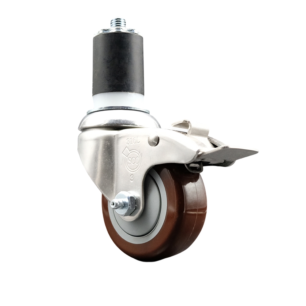 Polyurethane Swivel Stem Caster with 3 in. Maroon Caster Wheels & Total Lock Brake, 1.75 in. Expanding Stem - 316 Stainless Steel Caster