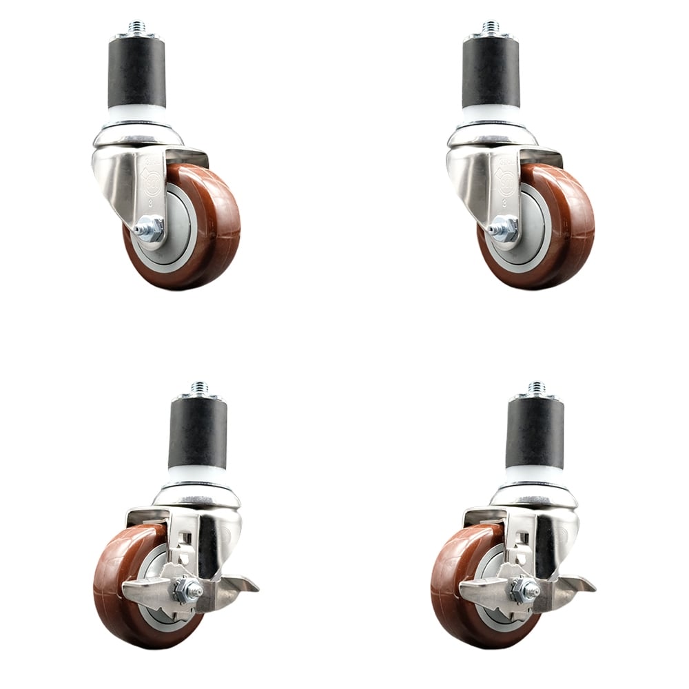 Polyurethane Swivel Stem Caster with 3.5 in. Maroon Caster Wheels, 1.75 in. Expanding Stem - 316 Stainless Steel Casters - Set of 4