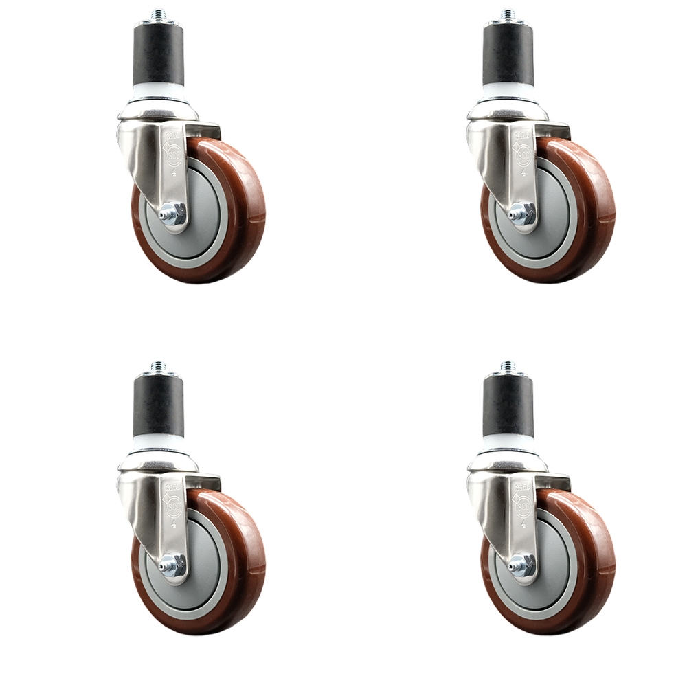 Polyurethane Swivel Stem Caster with 4 in. Maroon Caster Wheels, 1.75 in. Expanding Stems - 316 Stainless Steel Casters - Set of 4