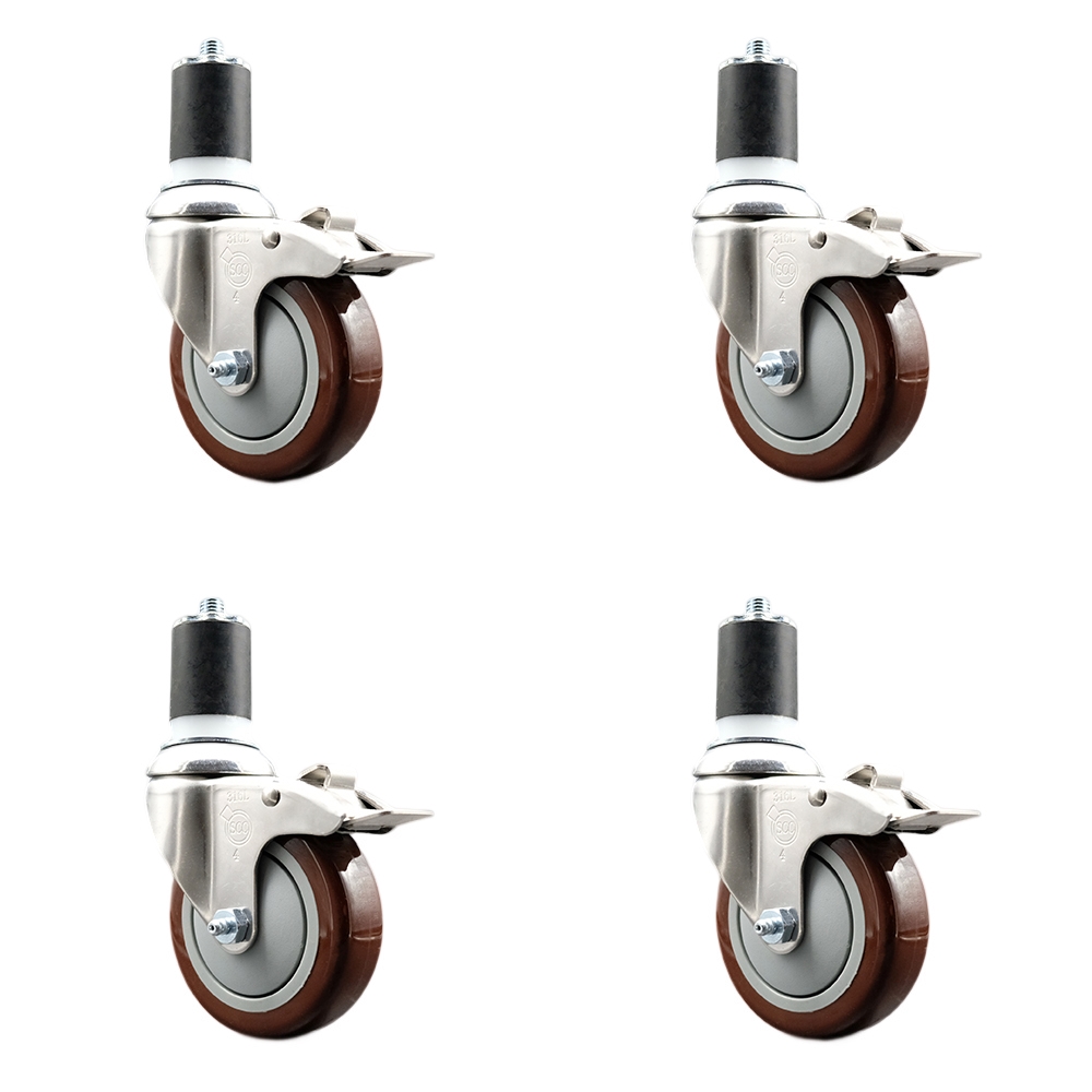 Polyurethane Swivel Stem Caster with 4 in. Maroon Caster Wheels, 1.75 in. Expanding Stems - 316 Stainless Steel Casters - Set of 4