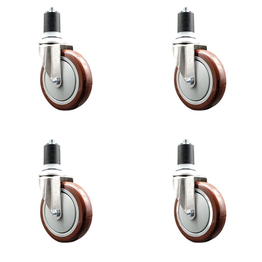 Polyurethane Swivel Stem Caster with 5 in. Maroon Caster Wheels, 1.75 in. Expanding Stems - 316 Stainless Steel Casters - Set of 4