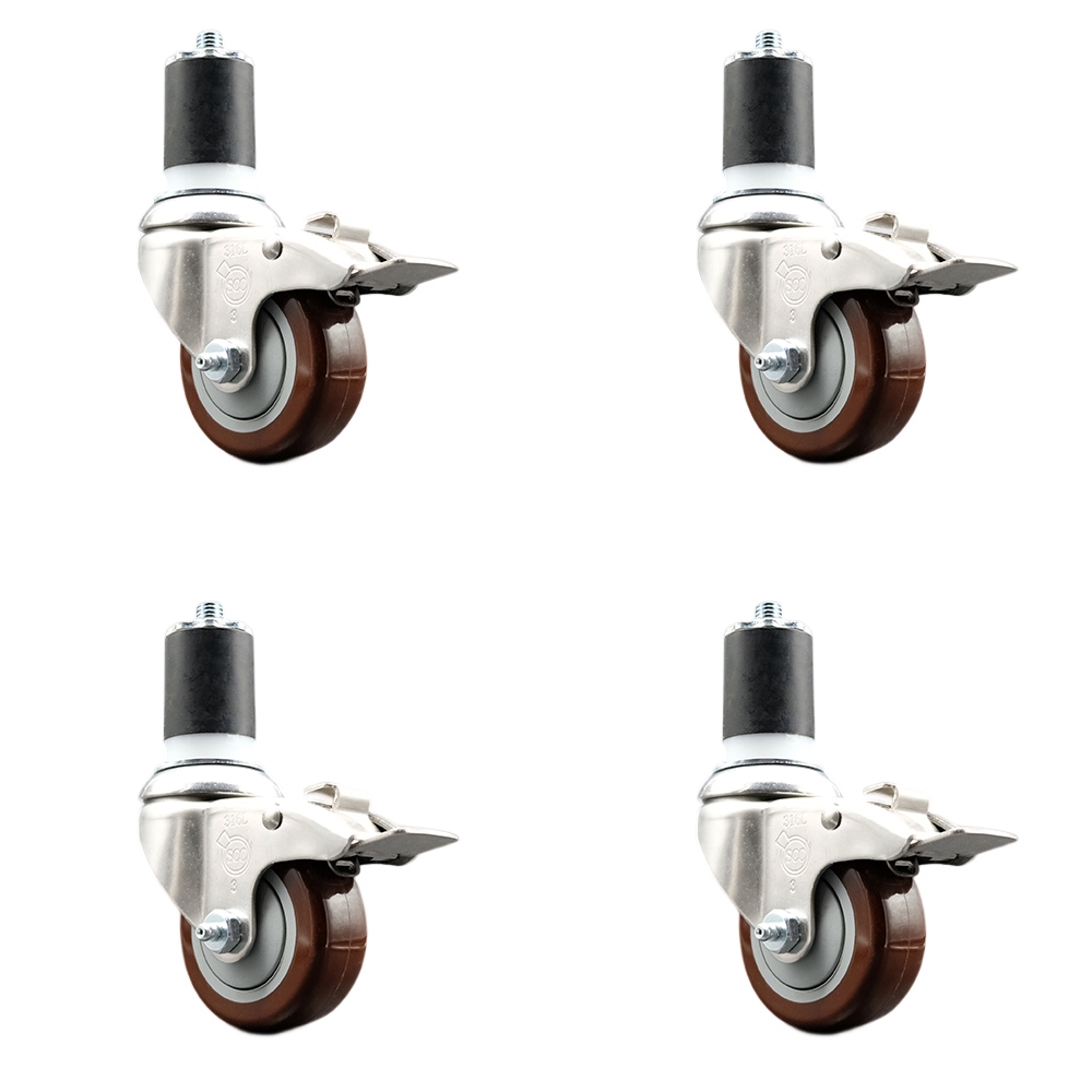 Polyurethane Swivel Stem Caster with 3 in. Maroon Caster Wheels, 1.87 in. Expanding Stems - 316 Stainless Steel Casters - Set of 4