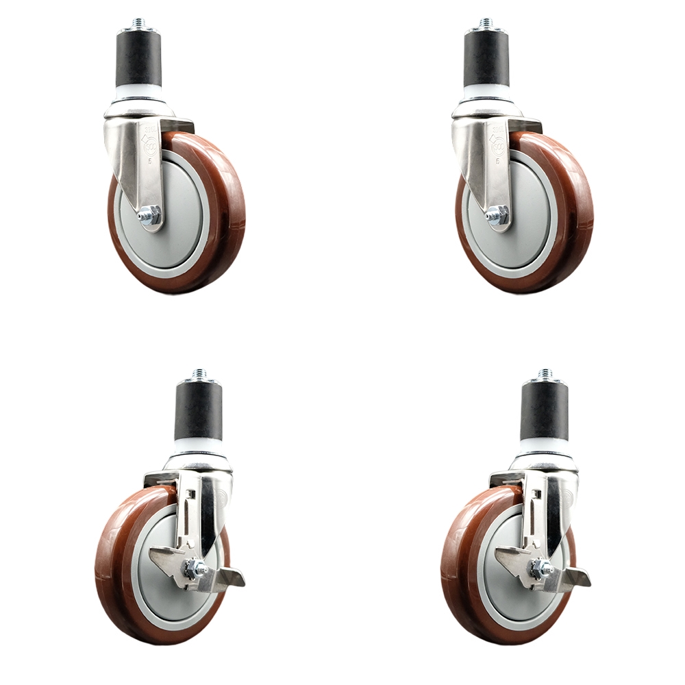 Polyurethane Swivel Stem Caster with 5 in. Maroon Caster Wheels, 1.87 in. Expanding Stems - 316 Stainless Steel Casters - Set of 4
