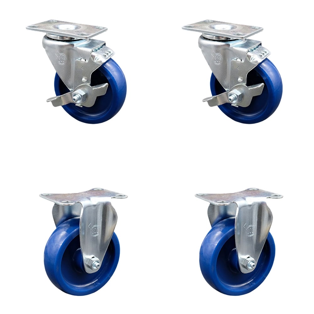 Swivel Caster with 2 Brakes & 2 Rigid, 4 in. Solid Polyurethane Wheel - 3.13 x 4.13 in. Overall Top Plate - Set of 4