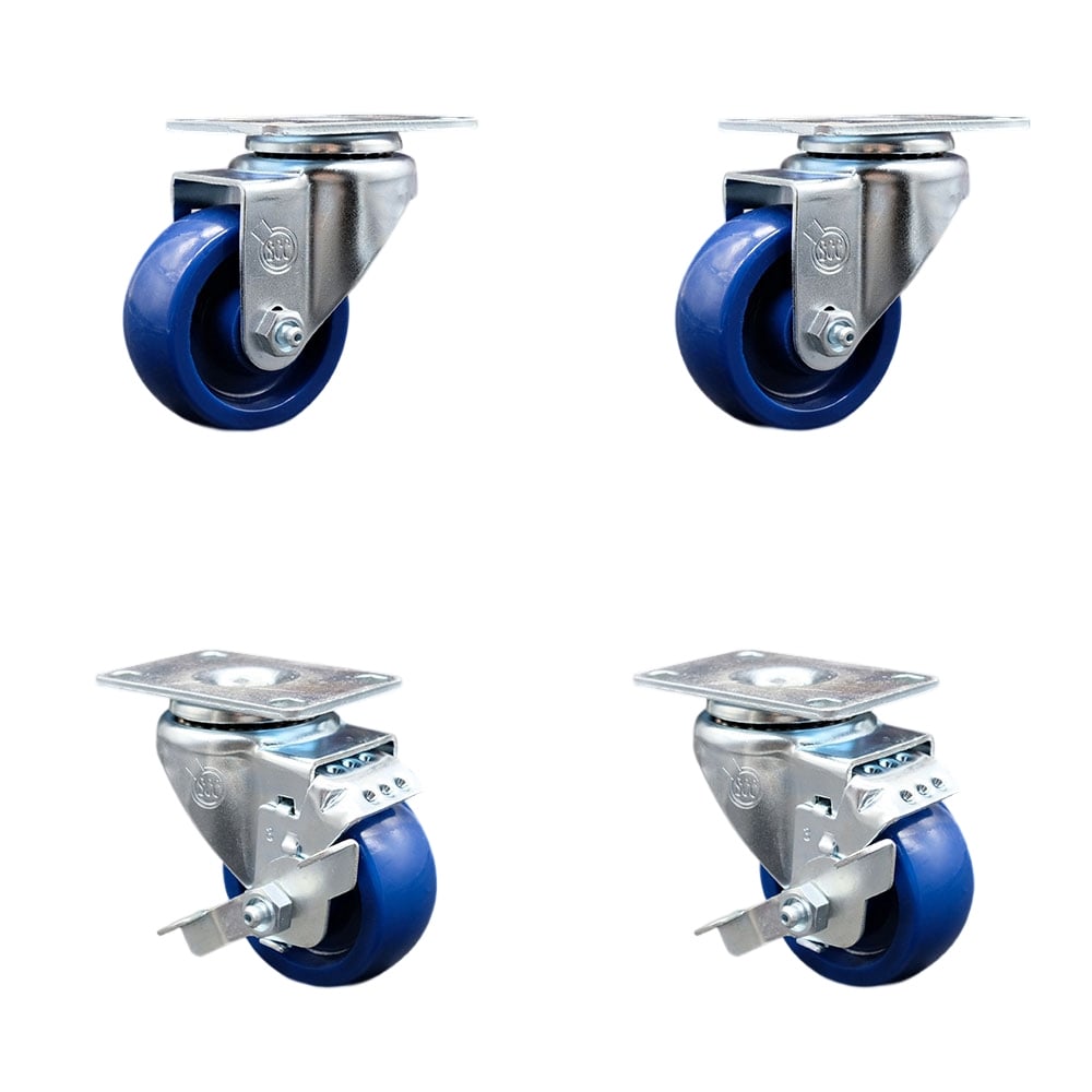 SCC-20S3514-SPUS-TP3-2-TLB-2 Swivel Caster with 2 Brakes, 3.5 in. Solid Polyurethane Wheel - 4 x 4.5 in. Overall Top Plate - Set of 4