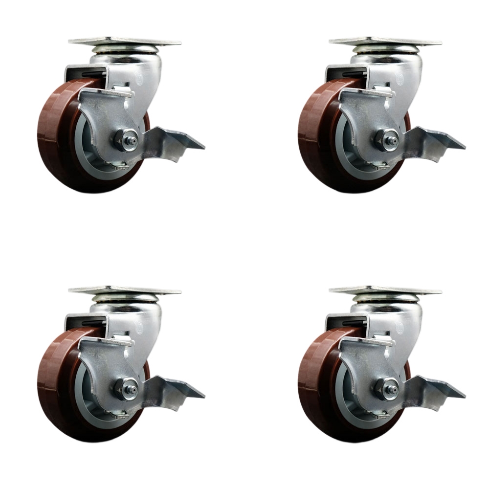SCC-20S420-PPUR-TLB-4 Swivel Top Plate Caster Set, Maroon - 4 in. by 2 in. Polyurethane on Polyolefin Wheel Roller Bearing