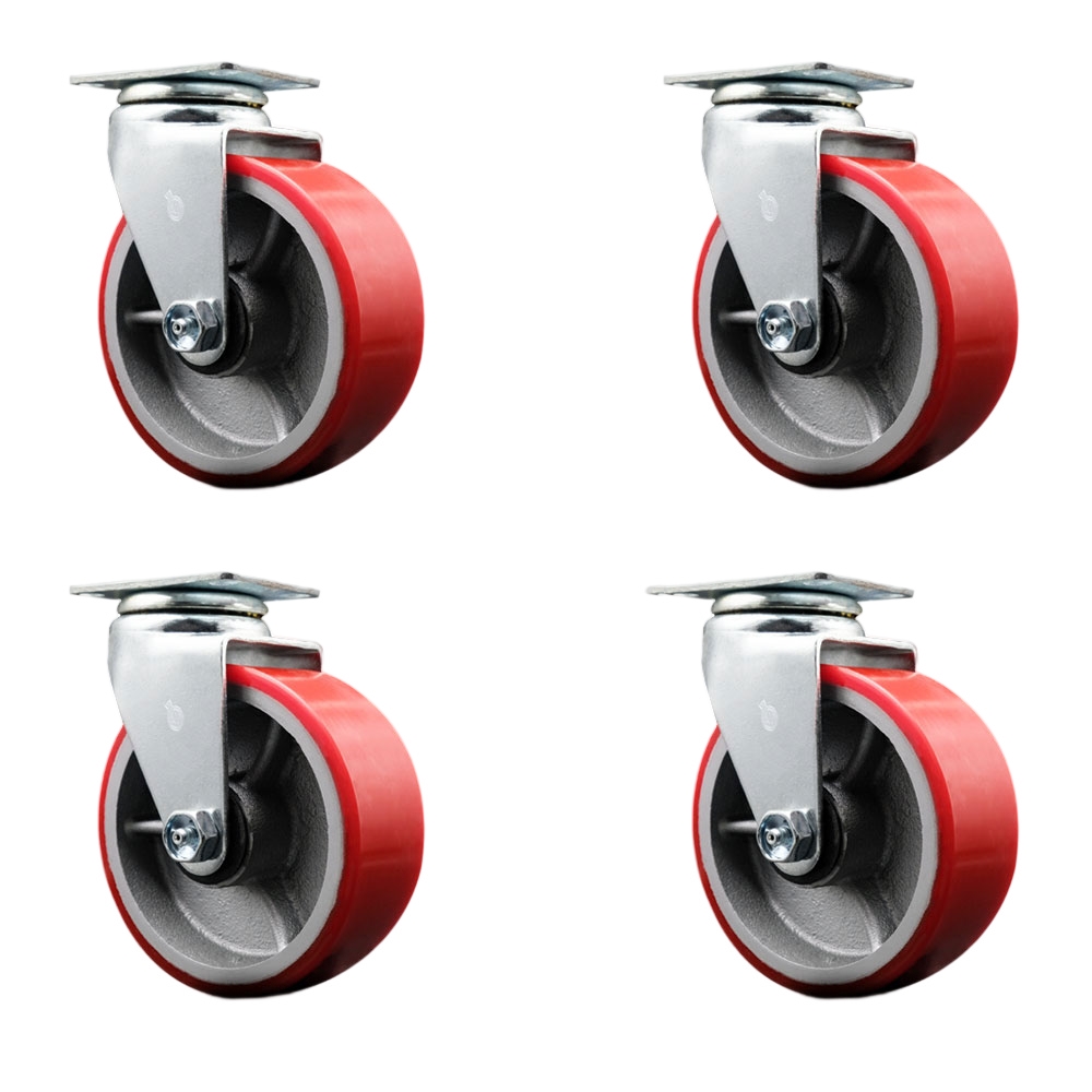 SCC-20S520-PUR-RS-4 Swivel Top Plate Caster Set, Red - 5 in. by 2 in. Polyurethane on Cast Iron Wheel Roller Bearing