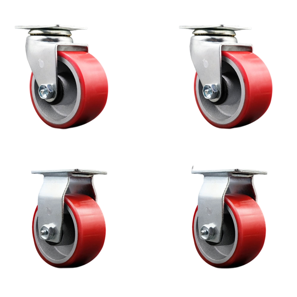SCC-20S420-PUB-RS-2-R-2 Swivel & Rigid Top Plate Caster Set, Red - 4 in. by 2 in. Polyurethane on Cast Iron Wheel Ball Bearing