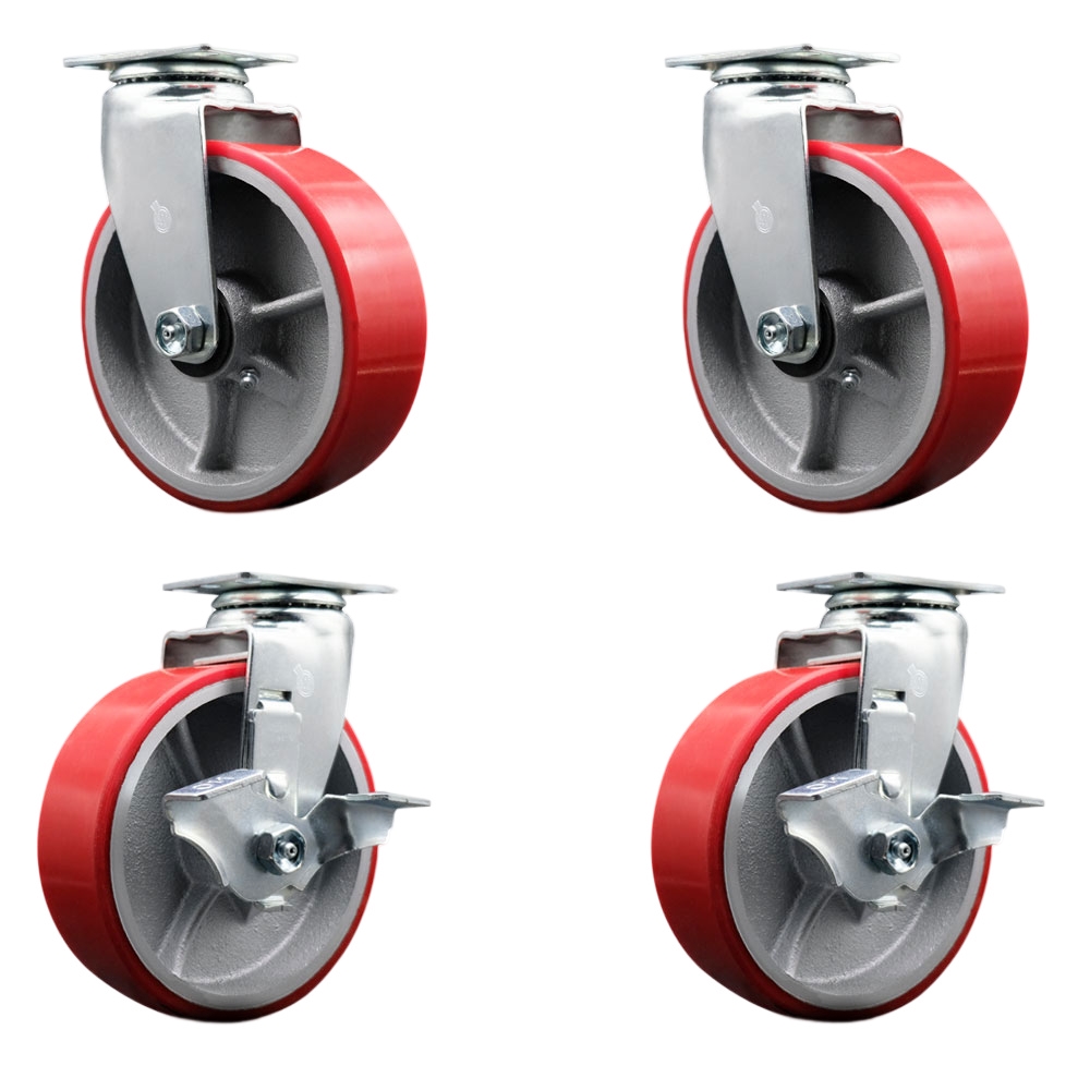 SCC-20S620-PUB-RS-2-TLB-2 Swivel Top Plate Caster Set, Red - 6 in. by 2 in. Polyurethane on Cast Iron Wheel Ball Bearing