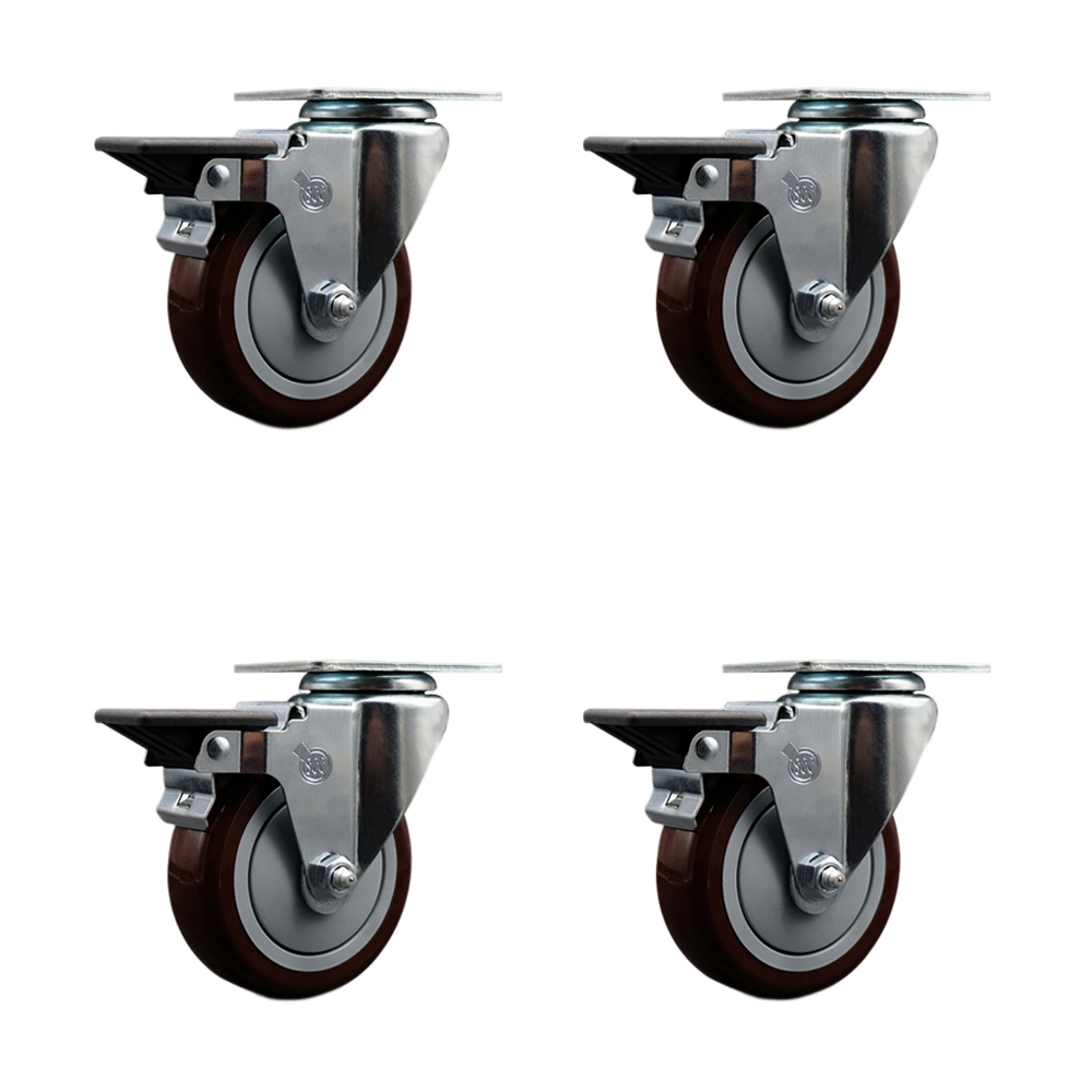 SCC-20S414-PPUB-MRN-PLB-4 Polyurethane Swivel Top Plate Caster with 4 in. Maroon Wheels - Set of 4