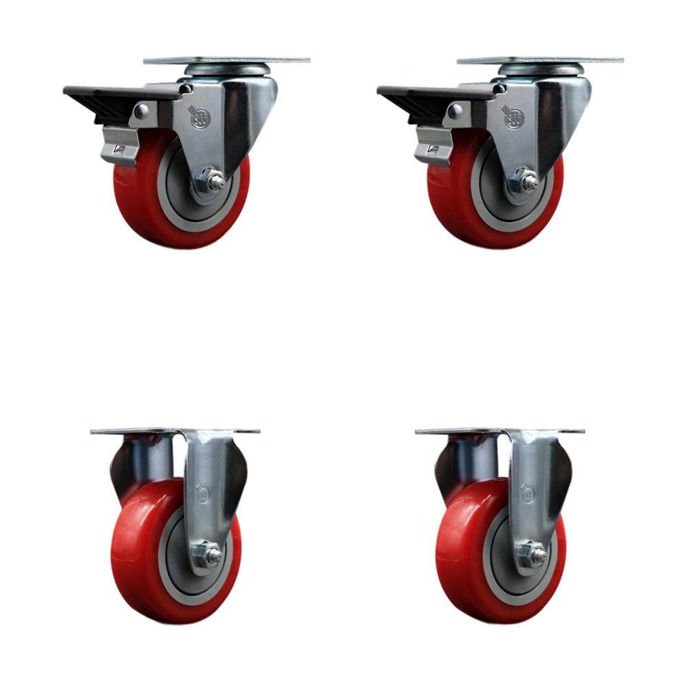 SCC-20S3514-PPUB-RED-PLB-2-R-2 Polyurethane Swivel Top Plate Caster with 3.5 in. Red Wheels - Set of 4