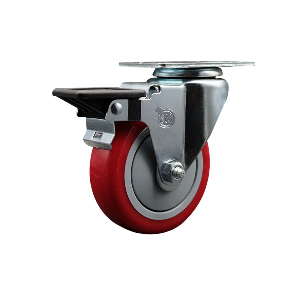 SCC-20S414-PPUB-RED-PLB Polyurethane Swivel Top Plate Swivel Caster with 4 in. Red Wheel & Posi Locking Brake