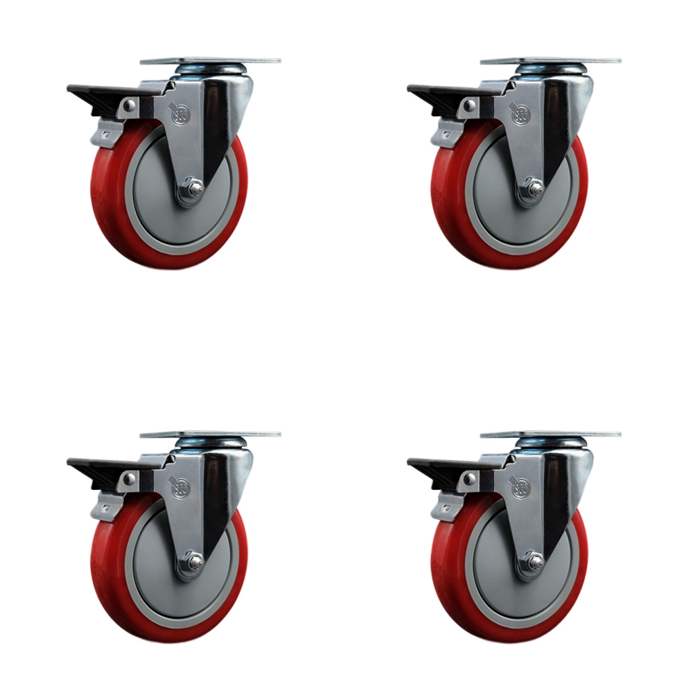 SCC-20S514-PPUB-RED-PLB-4 Polyurethane Swivel Top Plate Caster with 5 in. Red Wheels - Set of 4