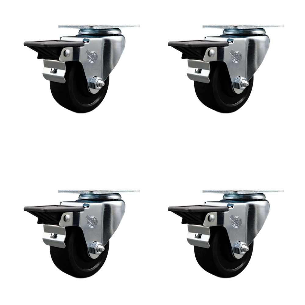 SCC-20S314-SRS-PLB-4 Soft Rubber Swivel Top Plate Caster with 3 in. Black Wheels - Set of 4