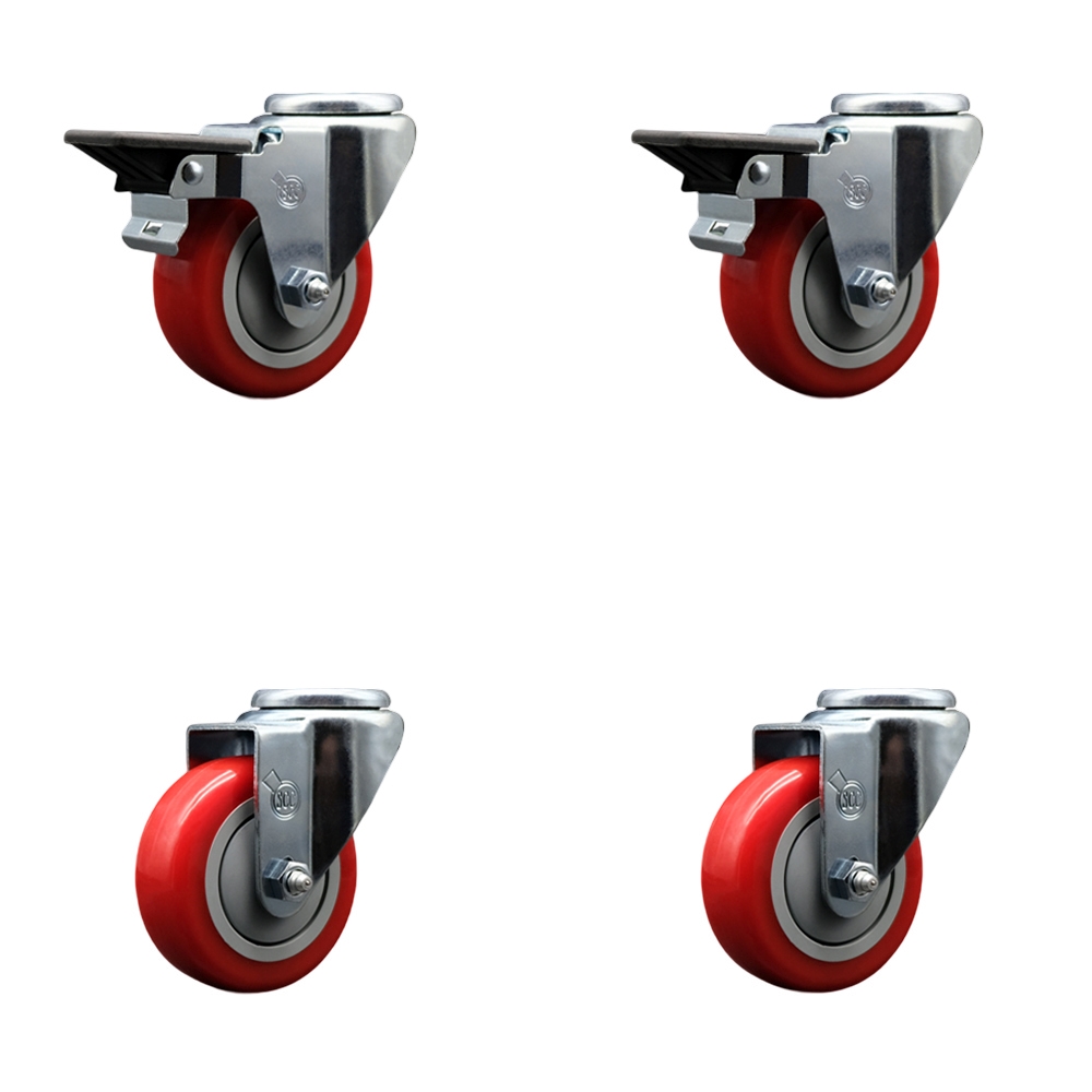 SCC-BH20S3514-PPUB-RED-PLB-2-S-2 Polyurethane Swivel Bolt Hole Caster with 3.5 x 1.25 in. Red Wheels - Set of 4