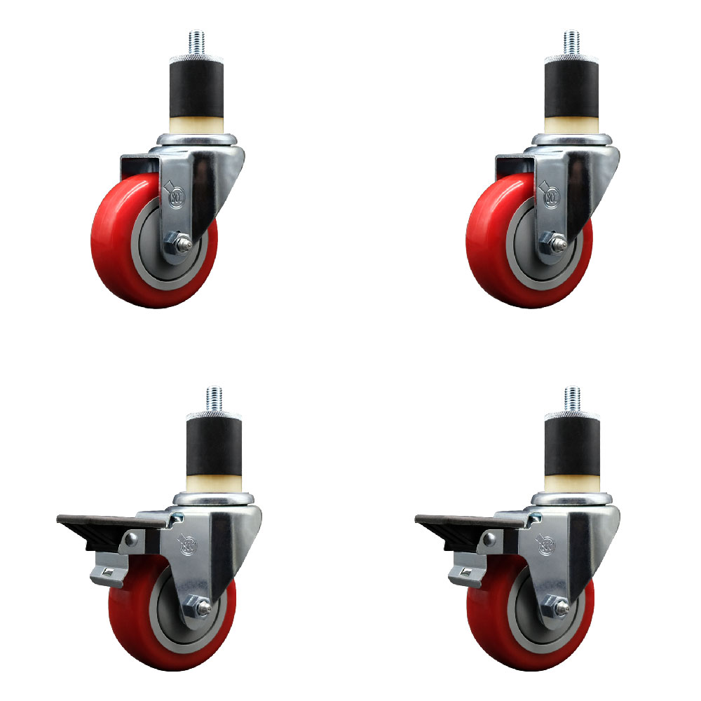 SCC-EX20S3514-PPUB-RED-2-PLB-2-178 Polyurethane Swivel Expanding Stem Caster with 3.5 in. Red Wheels & 1.87 in. Stems - Set of 4