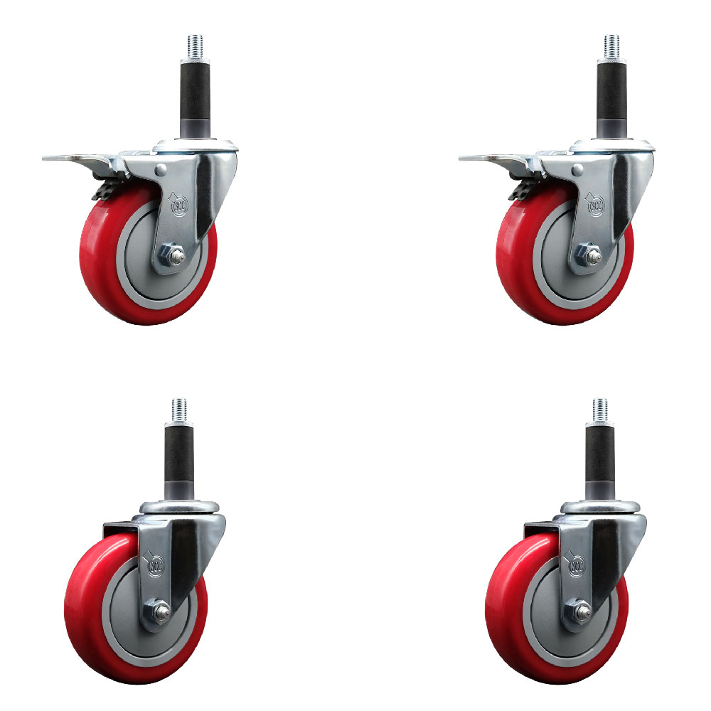 SCC-EXTTL20S414-PPUB-RED-2-S-2-1 Polyurethane Swivel Expanding Stem Caster with 4 in. Red Wheels & 1 in. Stems - Set of 4
