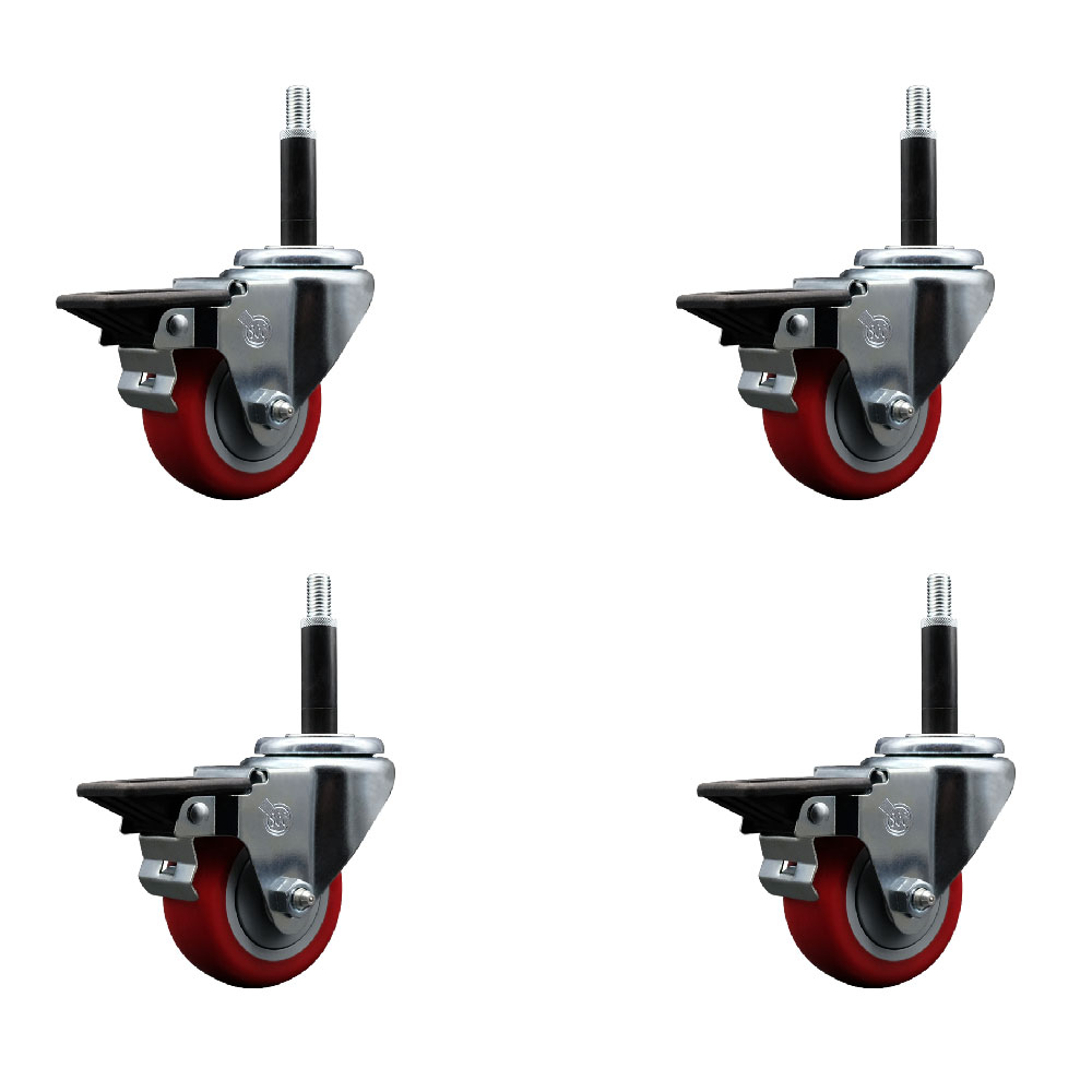 SCC-EX20S314-PPUB-RED-PLB-34-4 Polyurethane Swivel Expanding Stem Caster with 3 in. Red Wheels & 0.75 in. Stems - Set of 4