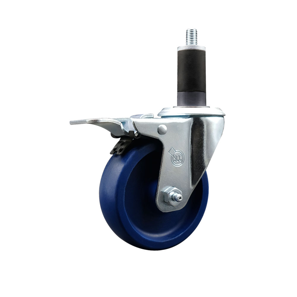 Stainless Steel Solid Polyurethane Expanding Stem Swivel Caster with 4 in. Blue Wheel & 1.25 in. Stem & Total Locking Brake