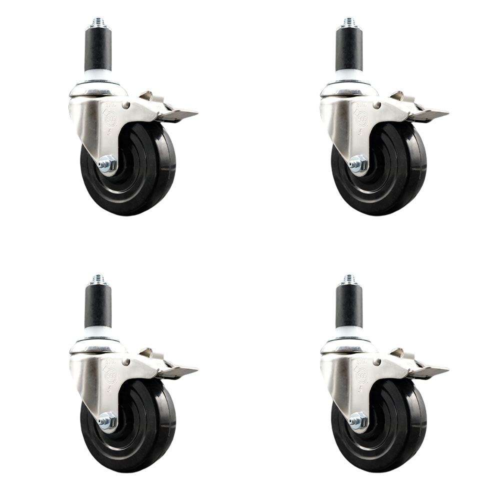 Soft Rubber Swivel Stem Caster with 4 in. Caster Wheels 1.38 in. Expanding Stems 316 Stainless Steel Casters - Set of 4