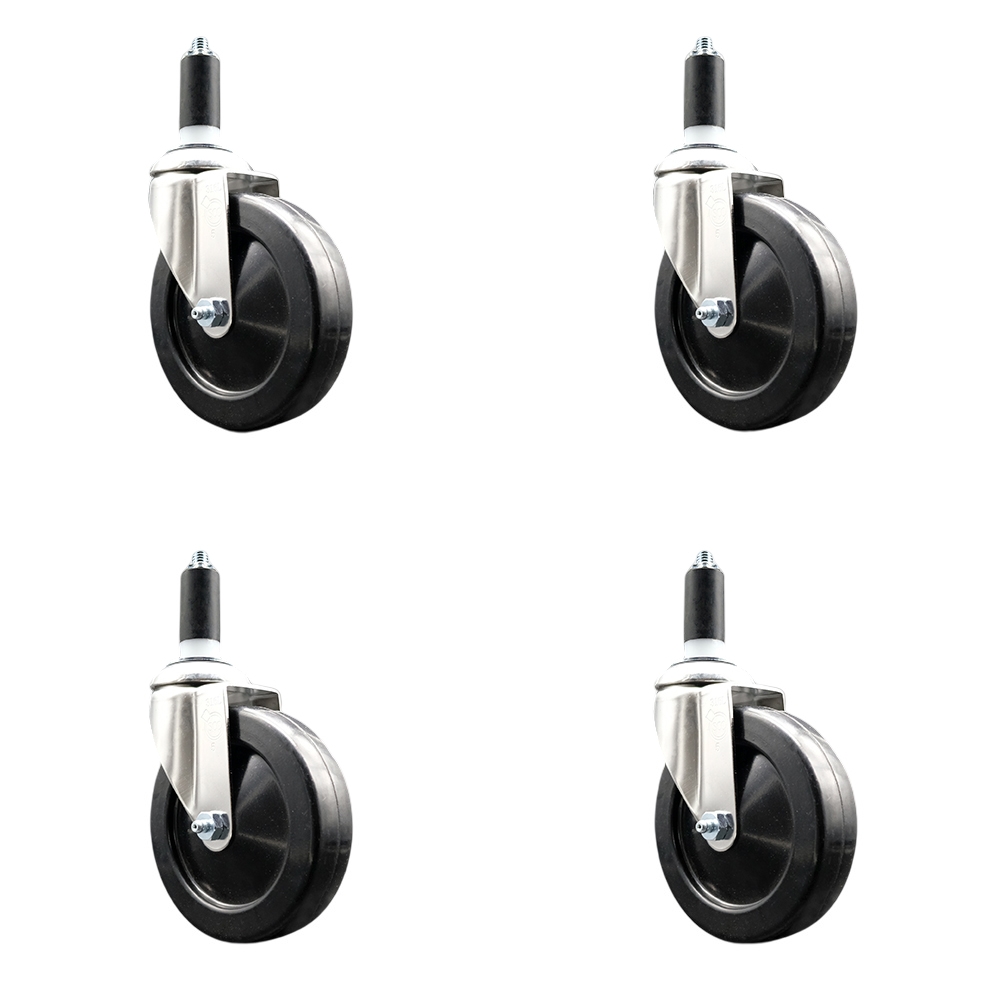 Soft Rubber Swivel Stem Caster with 5 in. Black Caster Wheels 1.38 in. Expanding Stems 316 Stainless Steel Casters - Set of 4