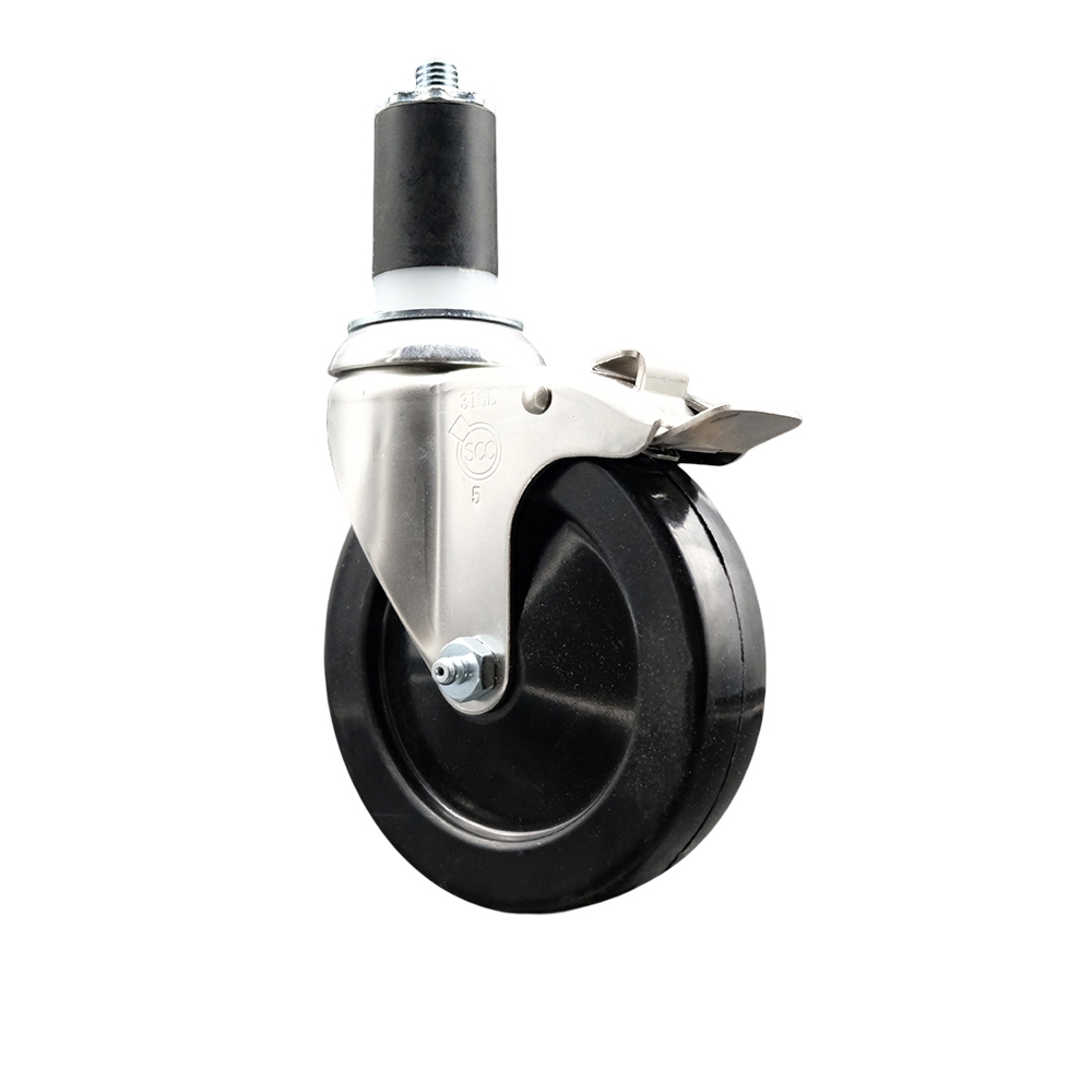 Soft Rubber Swivel Stem Caster with 5 in. Black Caster Wheel & Total Lock Brake 1.5 in. Expanding Stem 316 Stainless Steel Caster