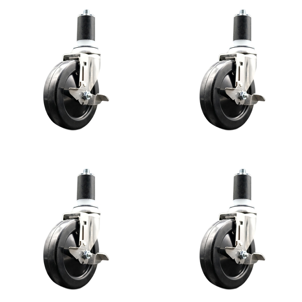 Soft Rubber Swivel Stem Caster with 5 in. Caster Wheels 1.63 in. Expanding Stems 316 Stainless Steel Casters - Set of 4
